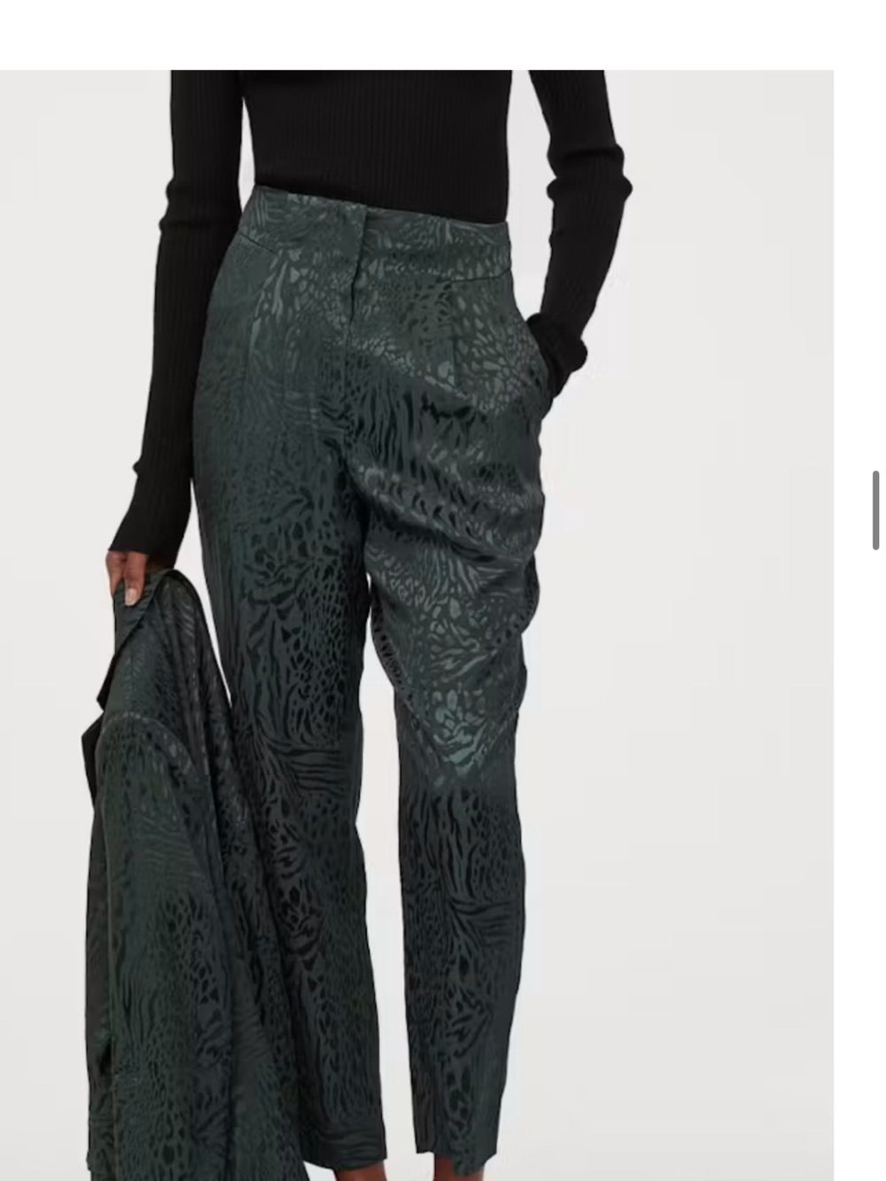 H&M Dark Green Textured High-Waist Trousers
